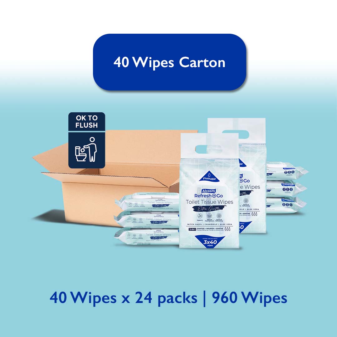[CARTON DEAL] Alcean Flushable Toilet Wipes with Natural Plant Extract (40 Wipes x 3 Packs)
