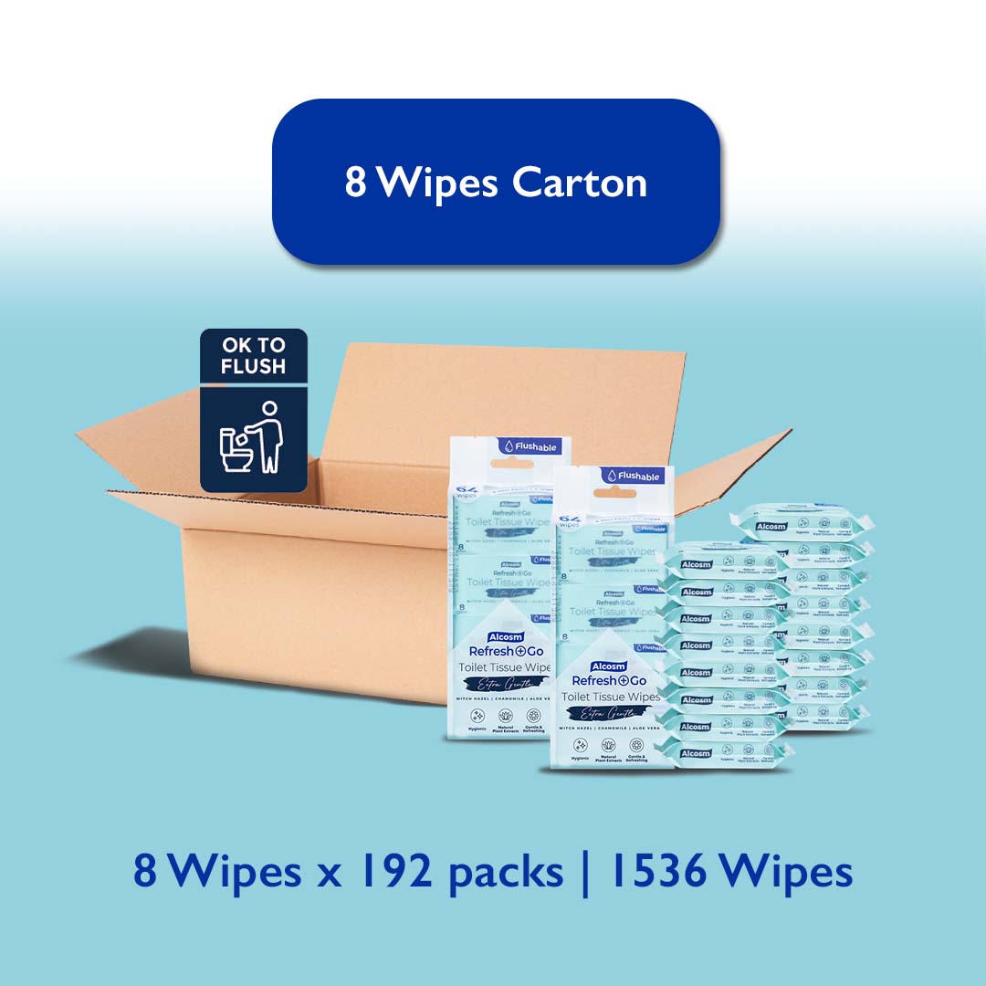 [CARTON DEAL] Alcean Flushable Toilet Wipes with Natural Plant Extract (8 Wipes x 24 Bundles x 8 Packs)